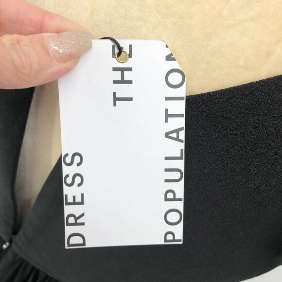 DRESS THE POPULATION Corey Dress Large Black Short Sleeve Fit & Flare Midi NWT - Picture 13 of 13